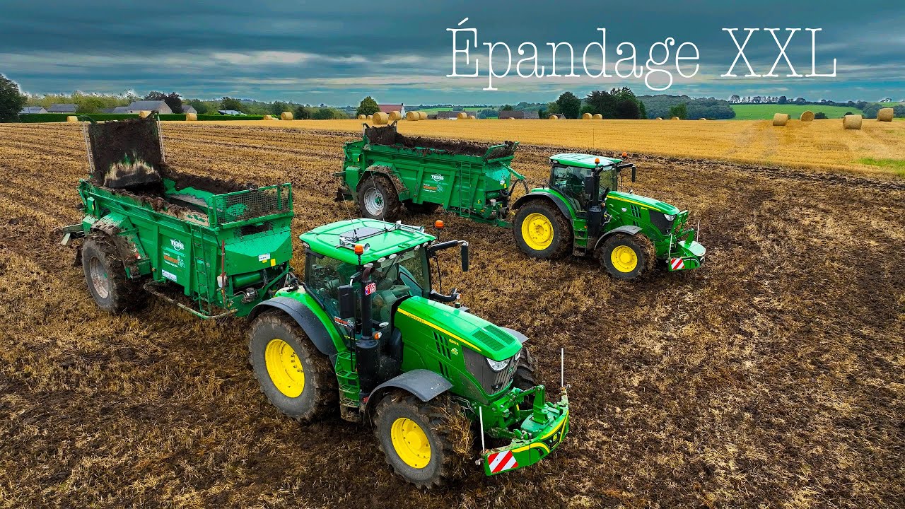 Épandage après moisson 2024: Doublé de JOHN DEERE 6R et épandeur TEBBE / JCB 427