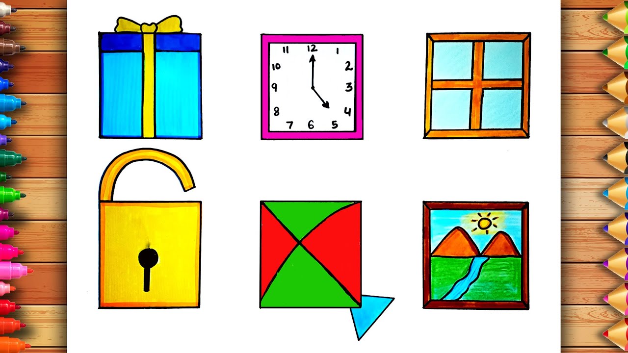 How to draw and colour Square Shape Objects | Draw With Square | Easy Square Shape Drawing |