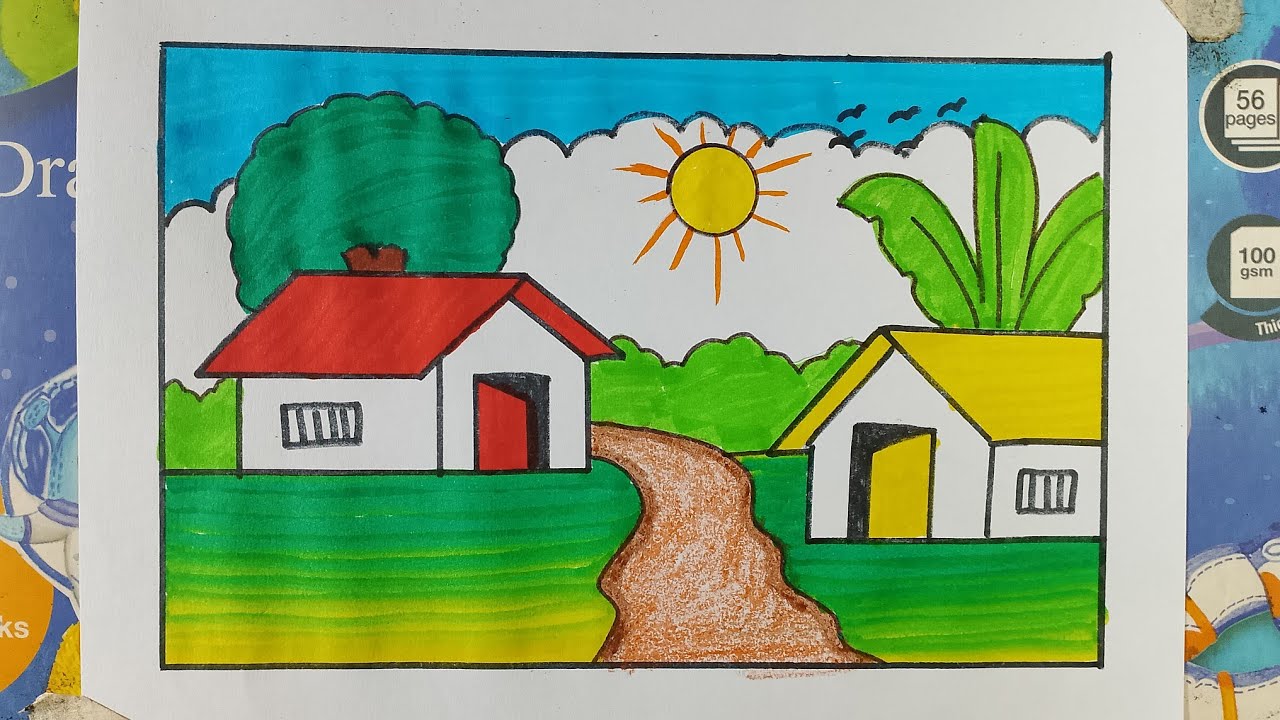 Very easy drawing village house scenery drawing colour drawing simple circle drawing beginning 