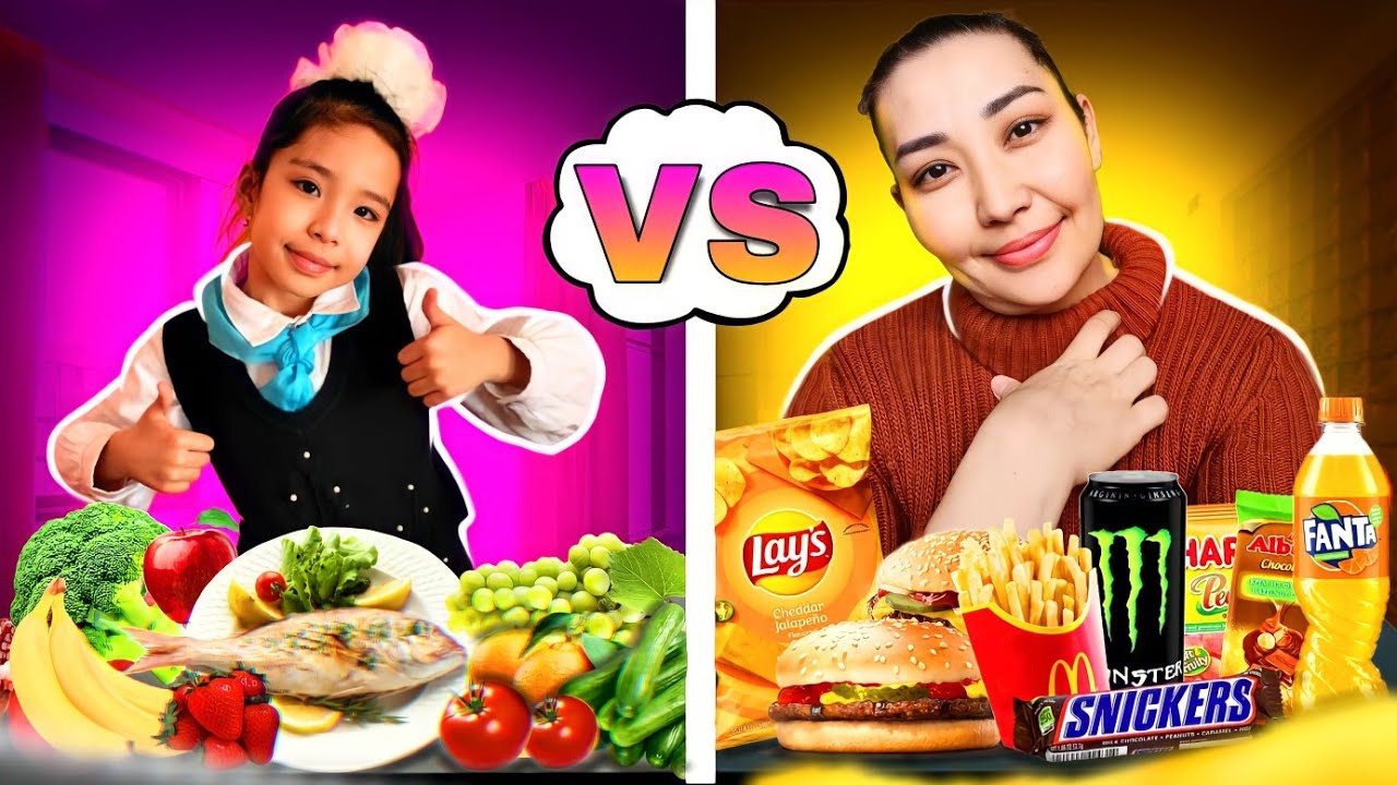 24 САҒАТ ПАЙДАЛЫ ЖӘНЕ ЗИЯН ТАҒАМДАРМЕН ТАМАҚТАНАМЫЗ | ЧЕЛЛЕНДЖ 🍔🍟🧆🍜🍫🍬