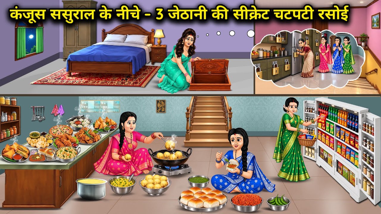 कंजूस ससुराल के नीचे - 3 जेठानी की सीक्रेट चटपटी रसोई। Cartoon videos। Hindi Stories Ke Diwane।