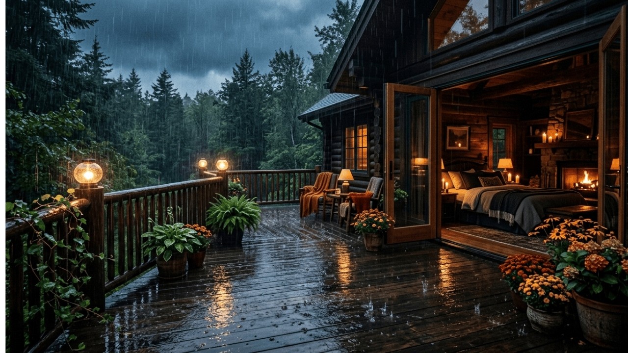 Steady Heavy Rain on Wooden Cabin Deck | Forest Rain for Sleep & Stress Relief