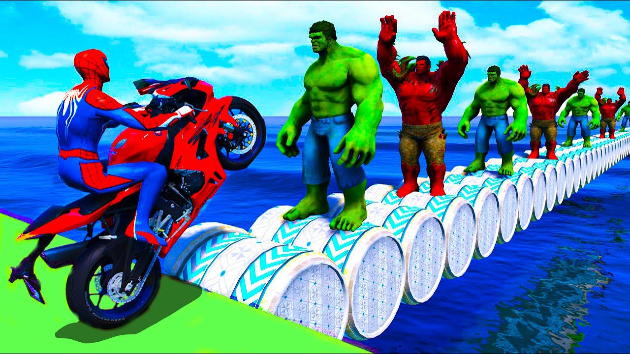 الأبطال الخارقين على القضبان دوامة قمع جسر 🚴‍♂️ SPIDER MAN!on Motorcycle in Spiral Bridge Stunt Rid
