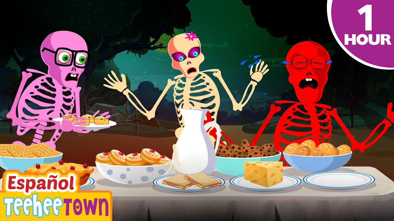 [4K] Cena de esqueletos con bruja 🍽️💀| Canciones espeluznantes para niños | Pueblo Teehee