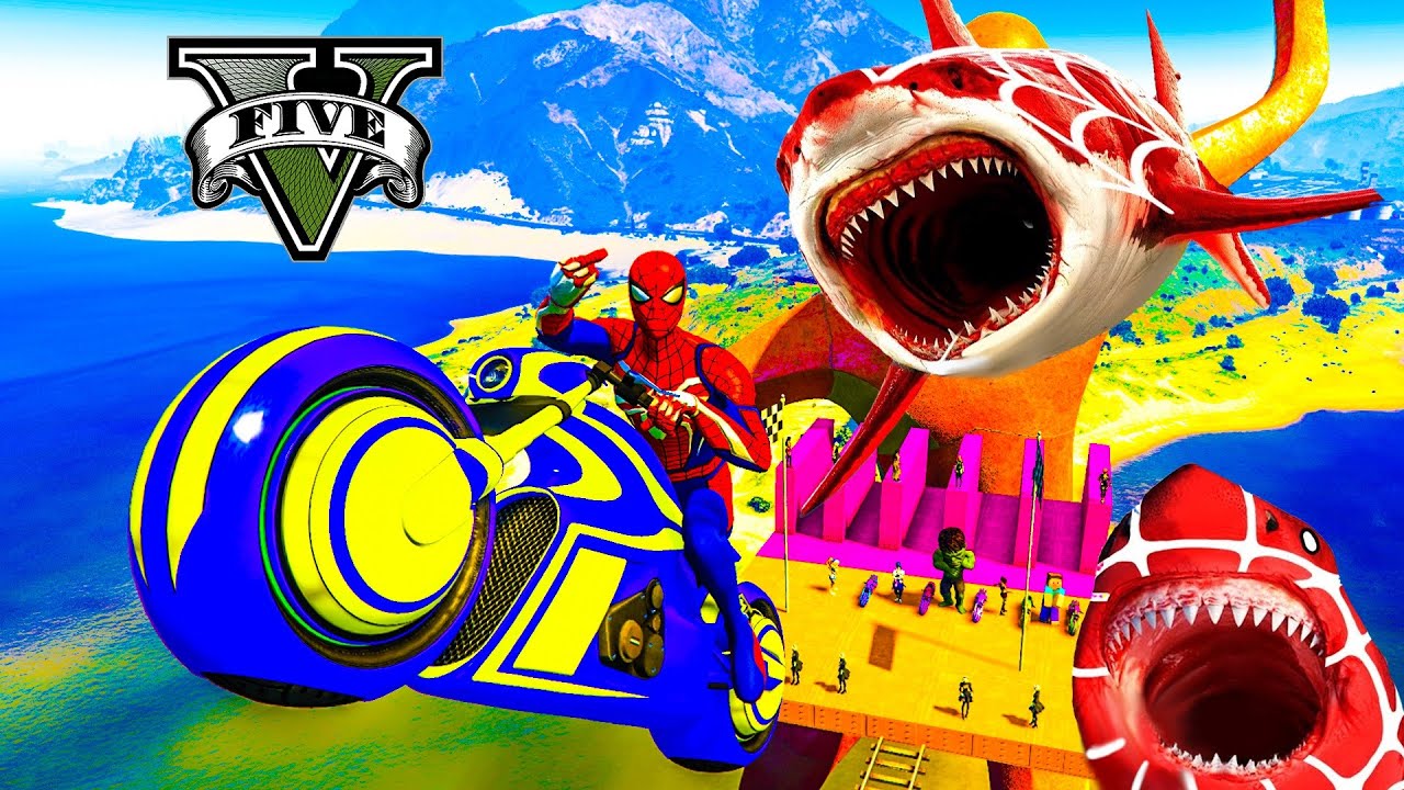GTA V - SpiderMan Blows Up Monsters While His Friends Are Eaten By Shark. Map Challenge, By Trevor
