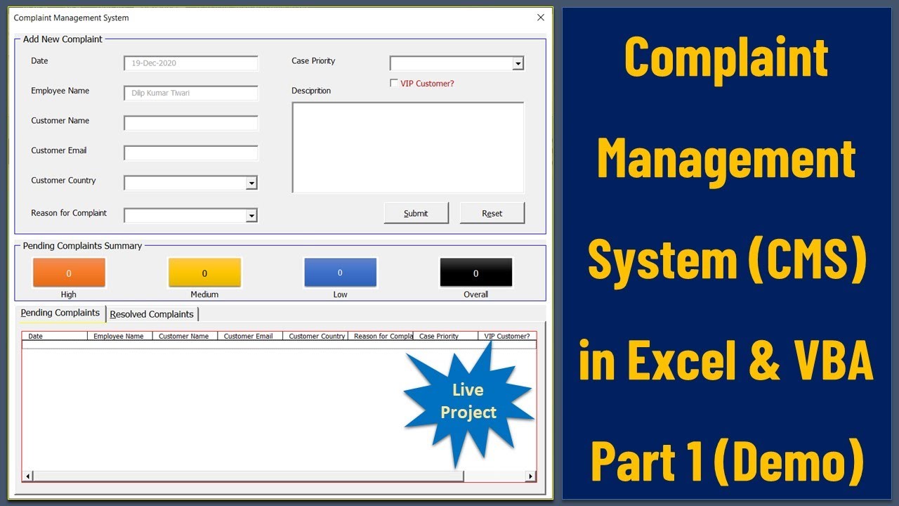 Complaint Management System in Excel and VBA  - Part 1 (Demo)