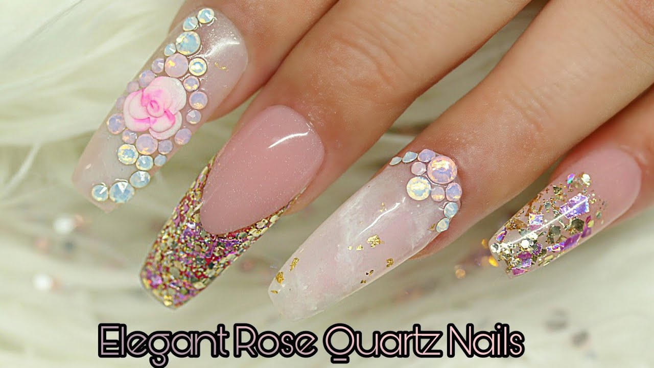 Rose Quartz Polygel Nails with Encapsulated Glitter & bling| Naio Nails Acrygel|