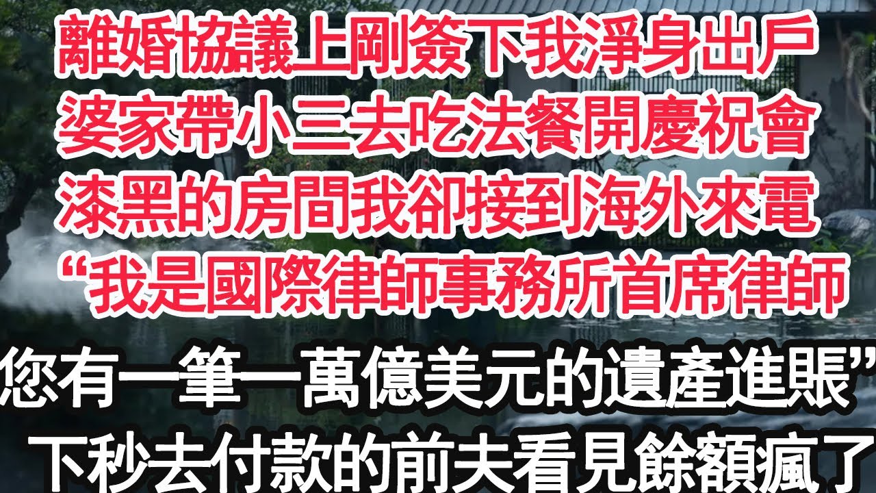 離婚協議上剛簽下我淨身出戶，婆家帶小三去吃法餐開慶祝會，漆黑的房間我卻接到海外來電，“我是國際律師事務所首席律師，您有一筆一萬億美元的遺產進賬”下秒去付款的前夫看見餘額瘋了【顧亞男】【大女主】【婚姻】