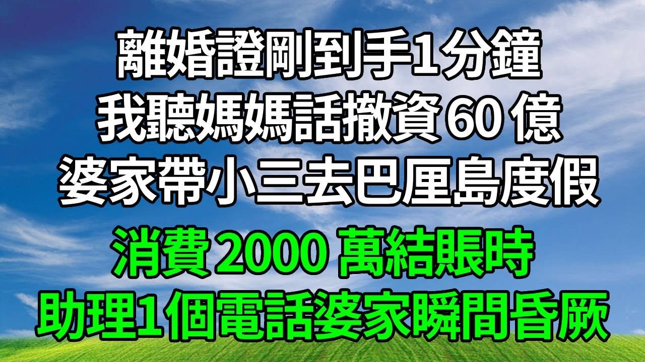 離婚證剛到手1分鐘，我聽媽媽話撤資 60 億，婆家帶小三去巴厘島度假，消費 2000 萬結賬時，助理1個電話婆家瞬間昏厥！