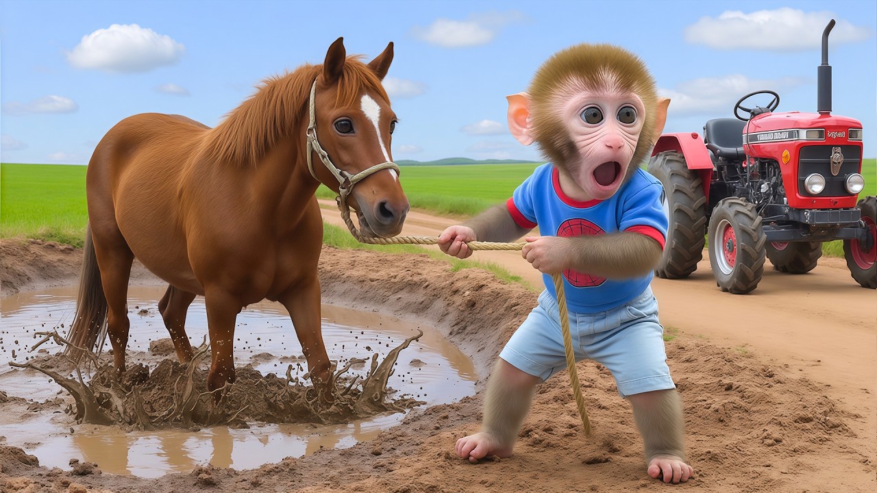 Bebé mono NaNa conduce un tractor y rescata a un caballo atrapado en el lodo  🐵✨