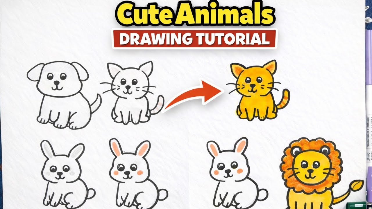 Easy Cute Animal Drawing for Kids | Dog Cat Rabbit Lion| Part 1