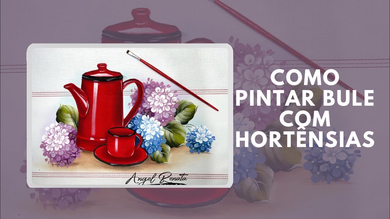 Pintura em tecido - bule esmaltado com hortênsias