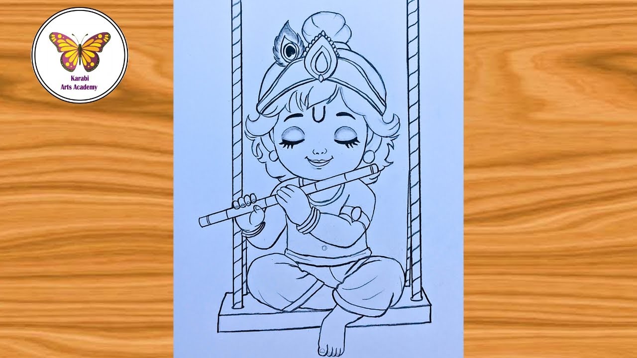 Lord Krishna on jhula drawing| Cute little krishna sitting on a swing| chitra