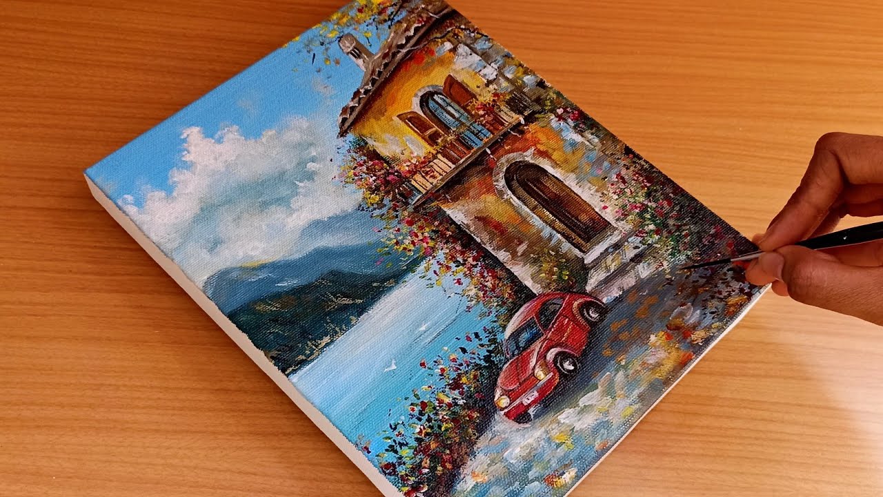 How to paint a seascape in acrylic/How to draw a Cottage 🏠 in easy way
