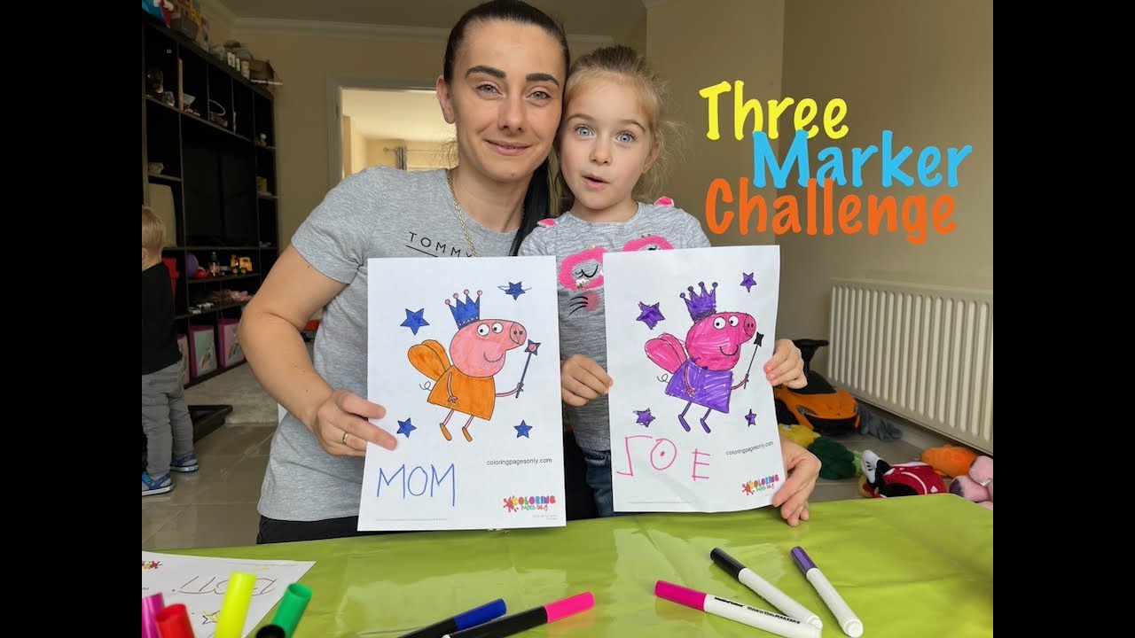 Three Marker Challenge | Zoe vs Mum | Peppa Pig Colouring | 2022