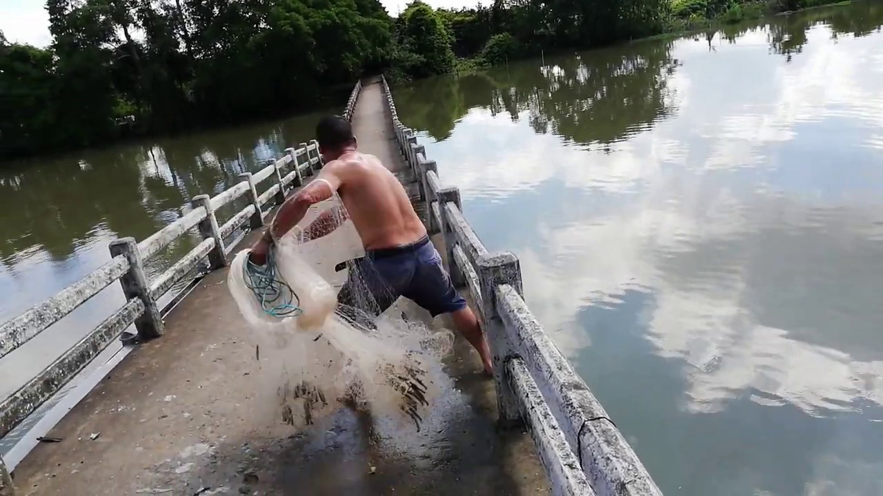 传统撒网捕鱼，大叔在桥上抛网捕鱼（part-9）  In traditional net fishing, uncle threw net fishing on the bridge (part-9)