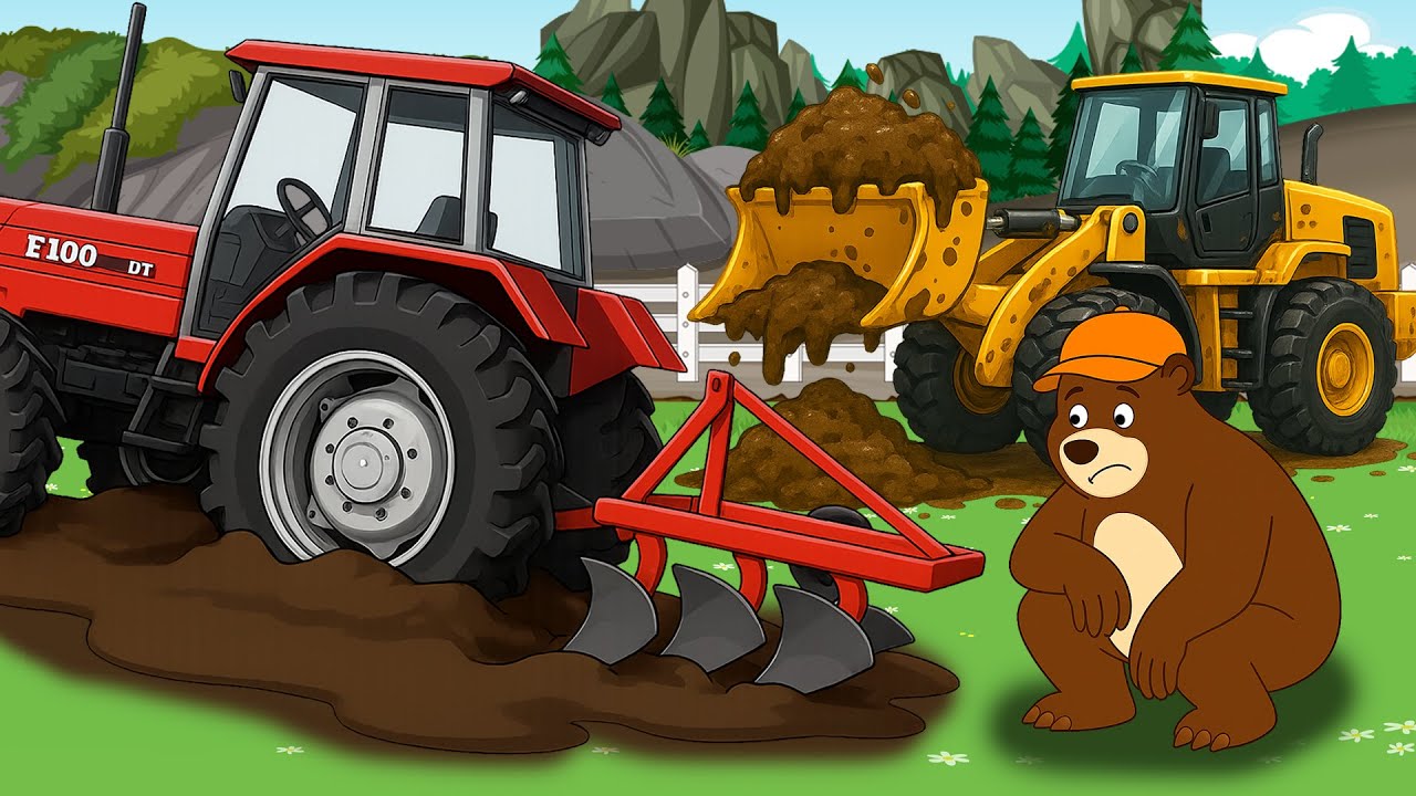 Tractor Stuck in Mud &ndash; What Will Bear Do to Pull It Out? 🚜🐻 | Tractor and Excavator | Garage 2