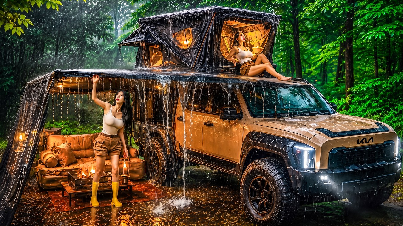 ☔️ KEMPING W ULEWNYM DESZCZU W KIA TASMAN TRUCK CAMPERZE Z NAMIOTEM DACHOWYM