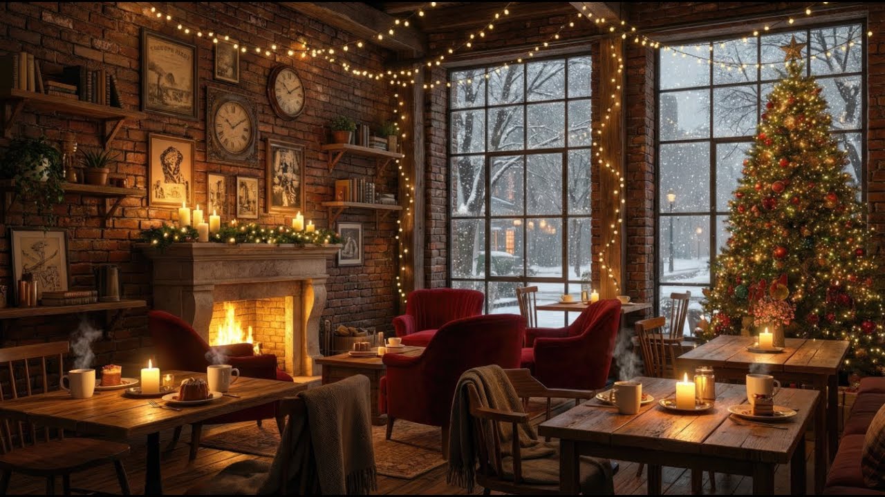 Cozy Winter Cafe Jazz Piano Night Ambience for Sleep, Deep Relax, Fireplace Coffee Shop Mood