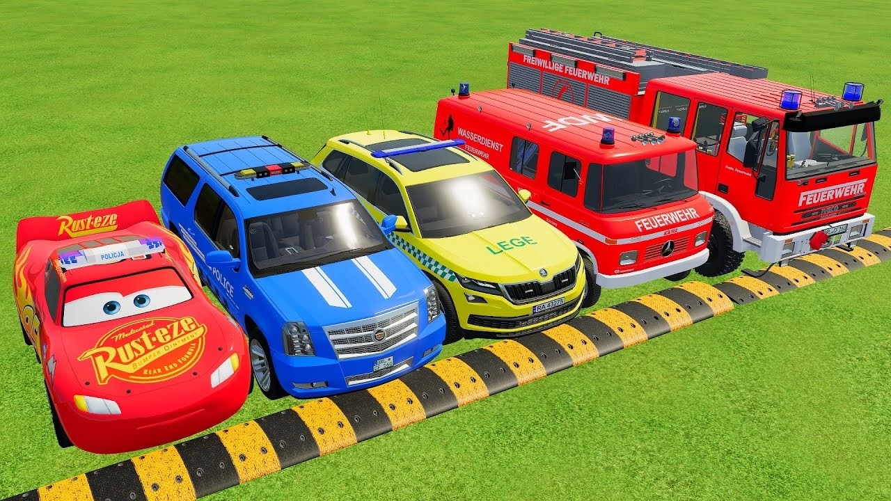 TRANSPORTING EMERGENCY CARS, AMBULANCE, POLICE CARS, FIRE TRUCK OF COLORS! WITH TRUCKS! - FS 22