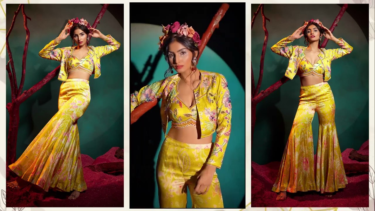 Yellow Sharara Set | Floral Printed Palazzo and Jacket Set | Designer Fusion Wear