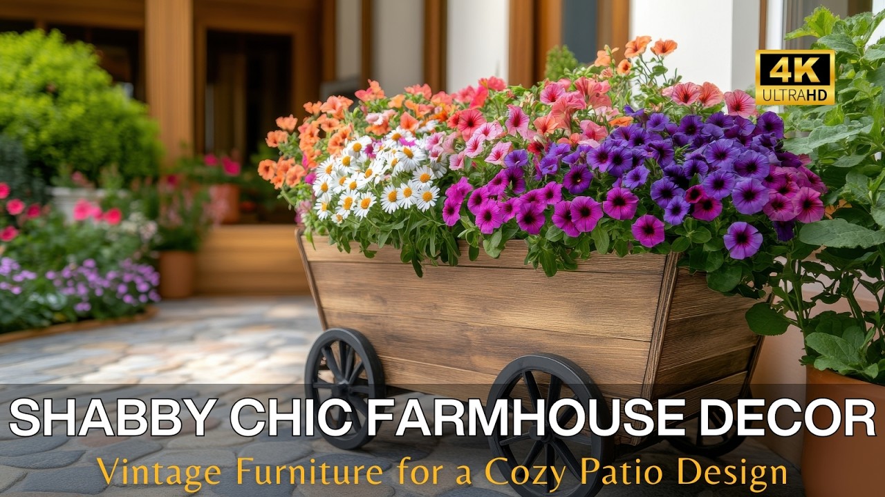 Shabby Chic Farmhouse Garden Decor: Covered Patio with Rustic Water Features for Single Storey Homes