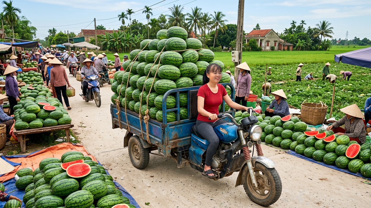 Watermelon Harvest | Tiny 3-Wheeled Truck Carries a Huge Load to the Countryside Market!