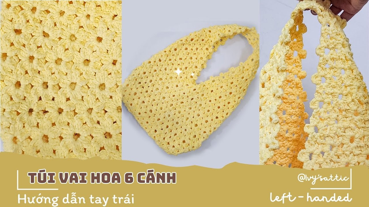 [Móc len tay trái]  Móc túi cói giấy hoa 6 cánh đeo vai - Raffia tote crochet bag tutorial left hand