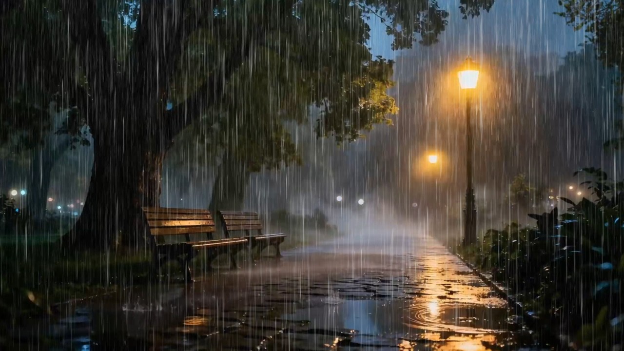 Heavy Rain Sounds at Night Along Silent City Garden Promenade for Stress Relief | Minimal Rain ASMR