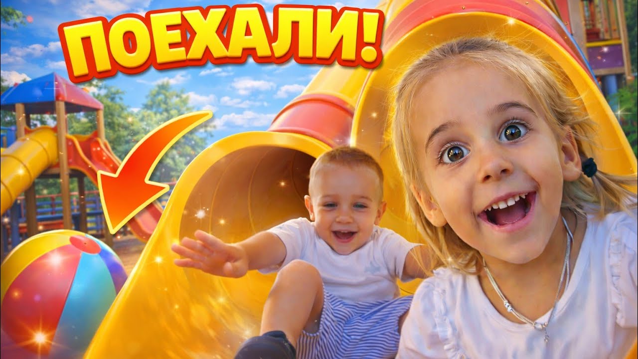 Папа и дети на горке | Мирон и Василиса. Детские игры на детской площадке. 