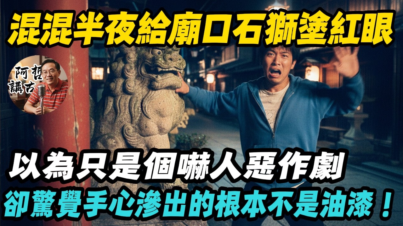 混混半夜給廟口石獅子塗紅眼，本以為只是個嚇人的惡作劇…… 直到他驚恐地發現，手心滲出的根本不是油漆！｜故事｜因果｜警世｜民間傳說｜