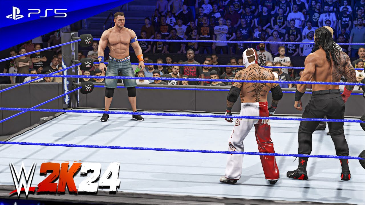 WWE 2K24 - John Cena vs. Roman Reings & Rey Misterio | Amazing Handicap Match | PS5™ [4K60]