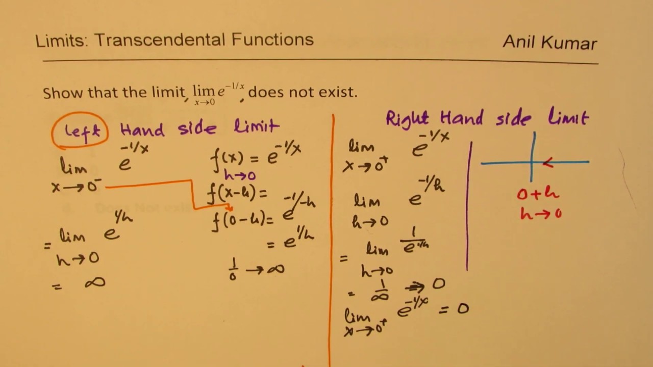 Show limit Does Not Exist as x approaches zero for e^(-1/x)