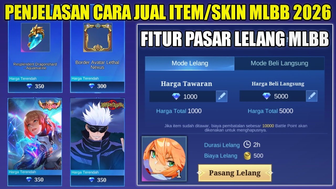 PENJELASAN CARA JUAL ITEM ATAU SKIN MOBILE LEGENDS 2026! FITUR PASAR LELANG DAPET DIAMOND MLBB