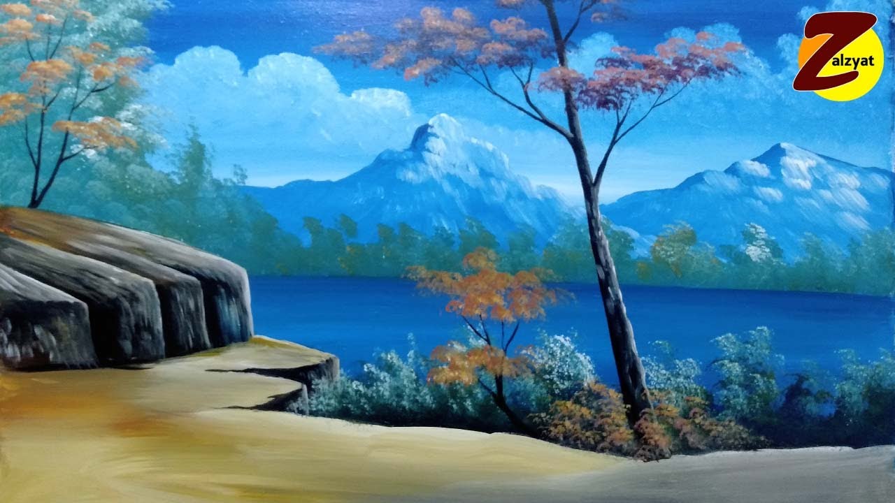 طريقة رسم منظر طبيعى بسيط وسهل
