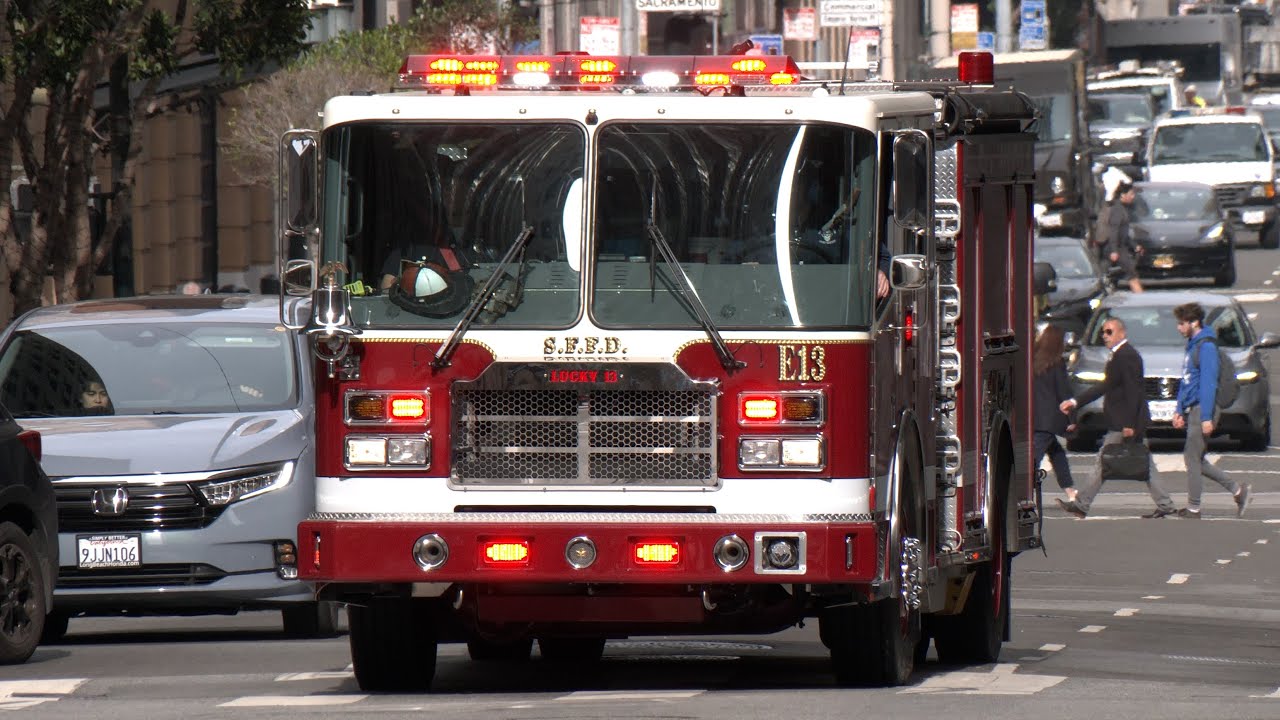 Fire trucks responding in San Francisco with sirens, lights, and a bell 🔔🚨 🚒