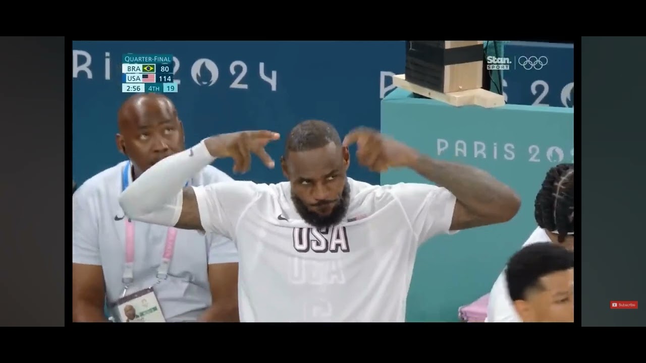 Team USA vs Brazil Basketball Olympics 2024 || cheering for him but was for swimmer Léon Marchand 😂