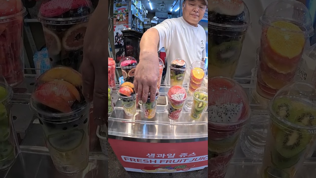 Colorful Fresh Fruit Juice Cups in Korea 🍓🥝🍊 | Street Food Experience #shorts #juice #foryou #feed