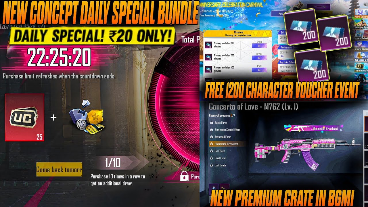 NEW PREMIUM CRATE UPGRADE GUN IN BGMI😱NEW CONCEPT DAILY SPECIAL BUNDLE😃1200 CHARACTER VOUCHER EVENT
