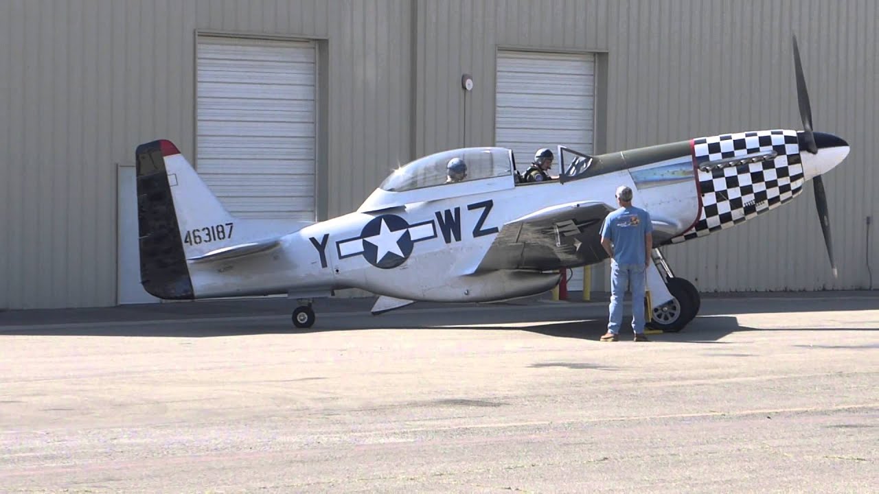 WW2 P-51 Mustang Fighters take off from Chino Airfield