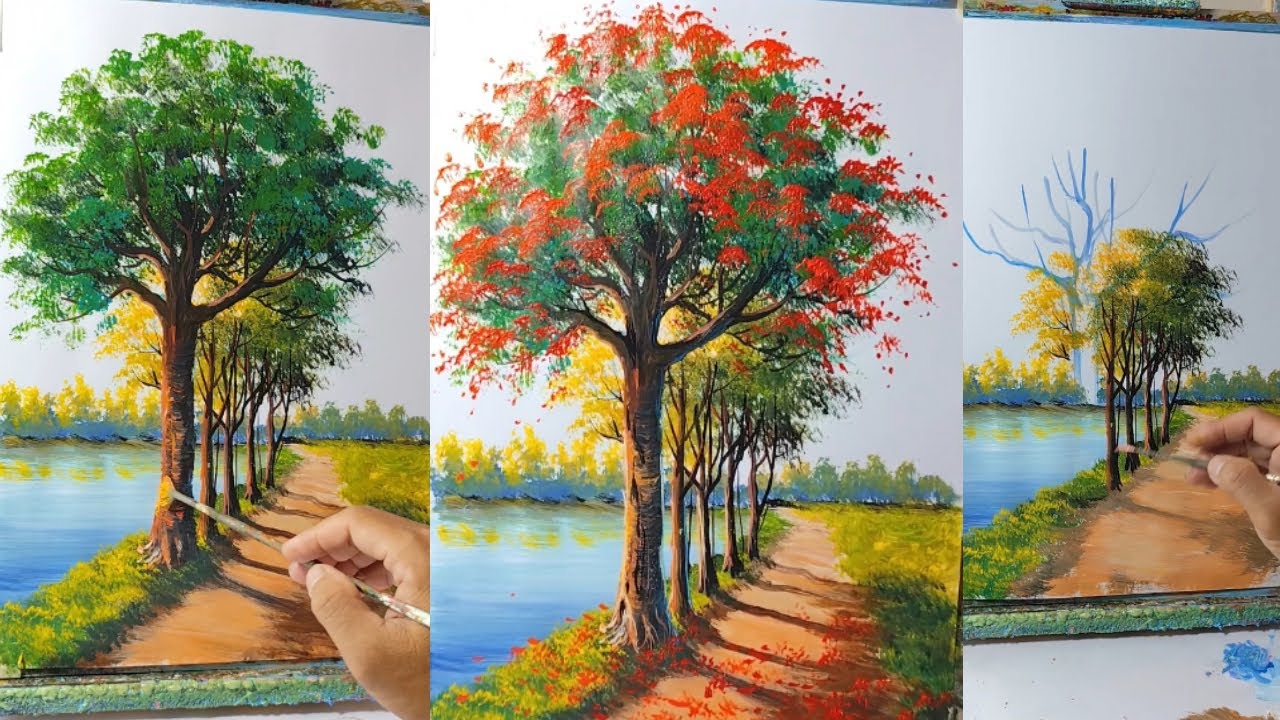Easy Acrylic Painting Tutorial | Red Blossom Trees Along the Riverside for Beginners