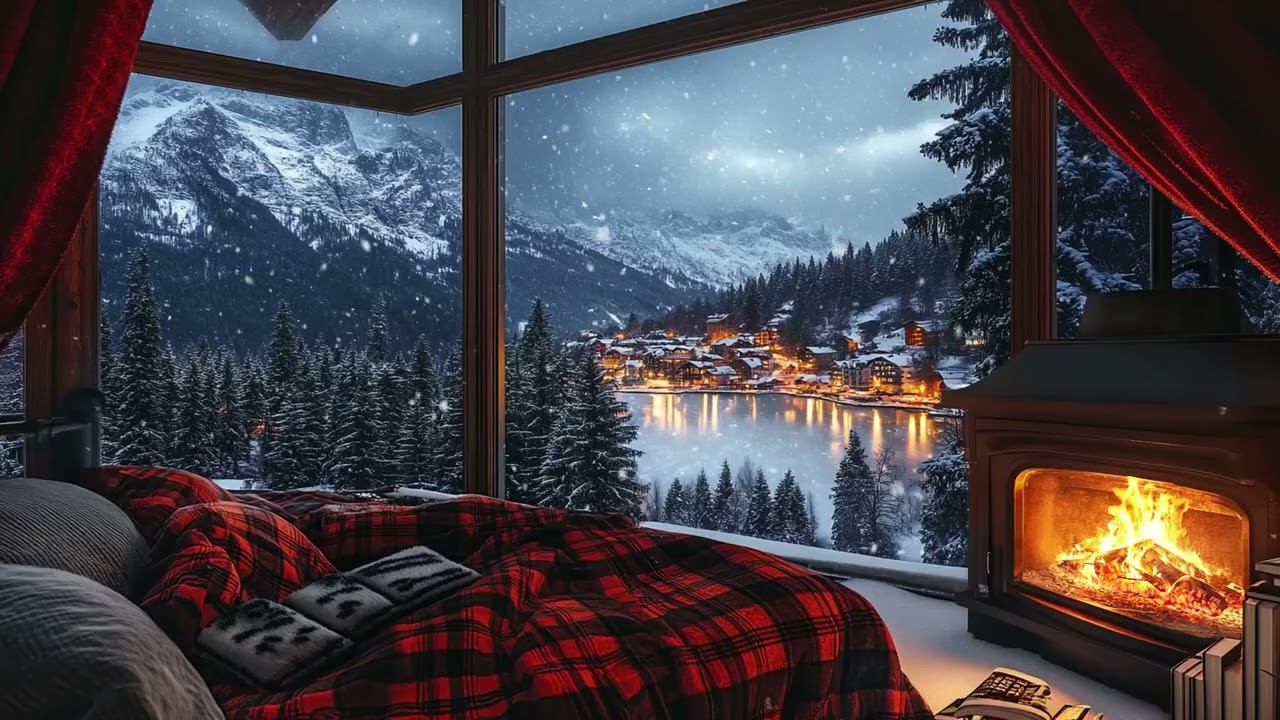 Gentle Snowfall with Cozy Fireplace Glow ❄️ Warm Winter Night Atmosphere to Relax and Sleep Deeply