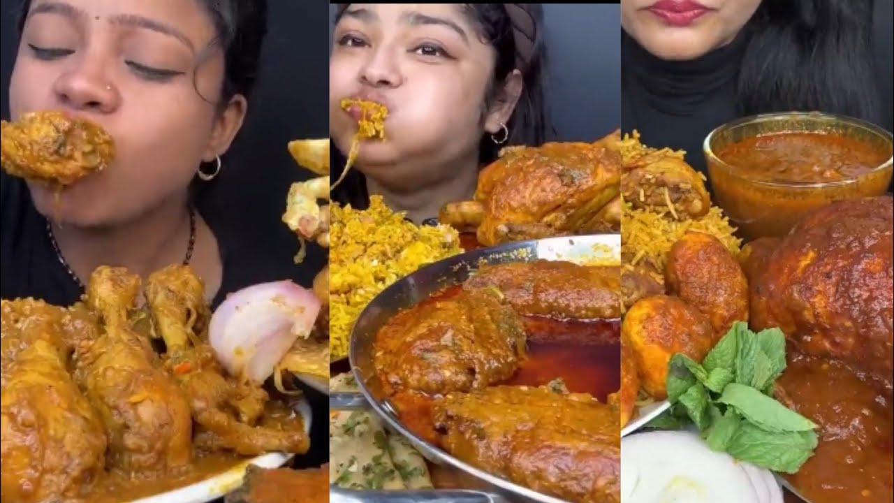 ASMR; EATING SPICY*CHICKEN CURRY,MUTTON/EGG CURRY,CHICKEN BIRYANI,RICE EATING CHALLENGE MUKBANG 2X 