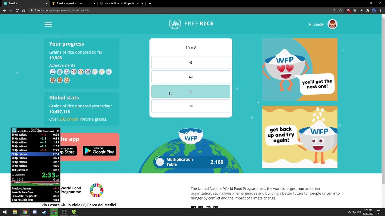 Freerice - Math - 100 Questions, Multiplication Table, Web in 4:37