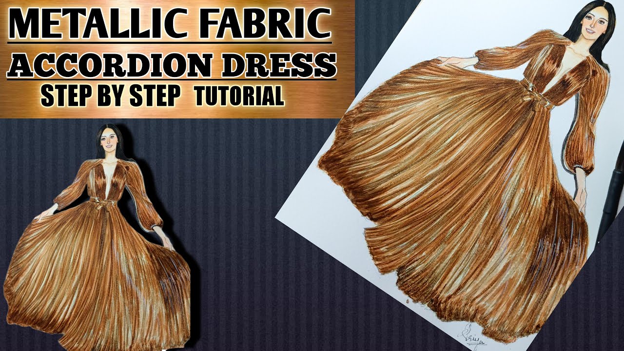 How to draw Accordion dress (pleated ) || Draw METALLIC Fabric || Fashion illustration