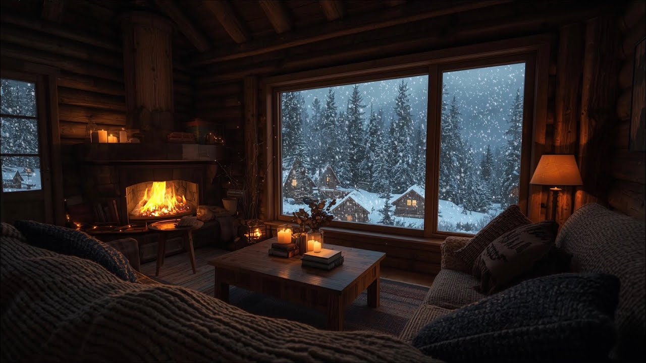 2 Hours Cozy Winter Cabin Fireplace with Snowfall Crackling Fire Sound for Sleep & Relaxing Ambience