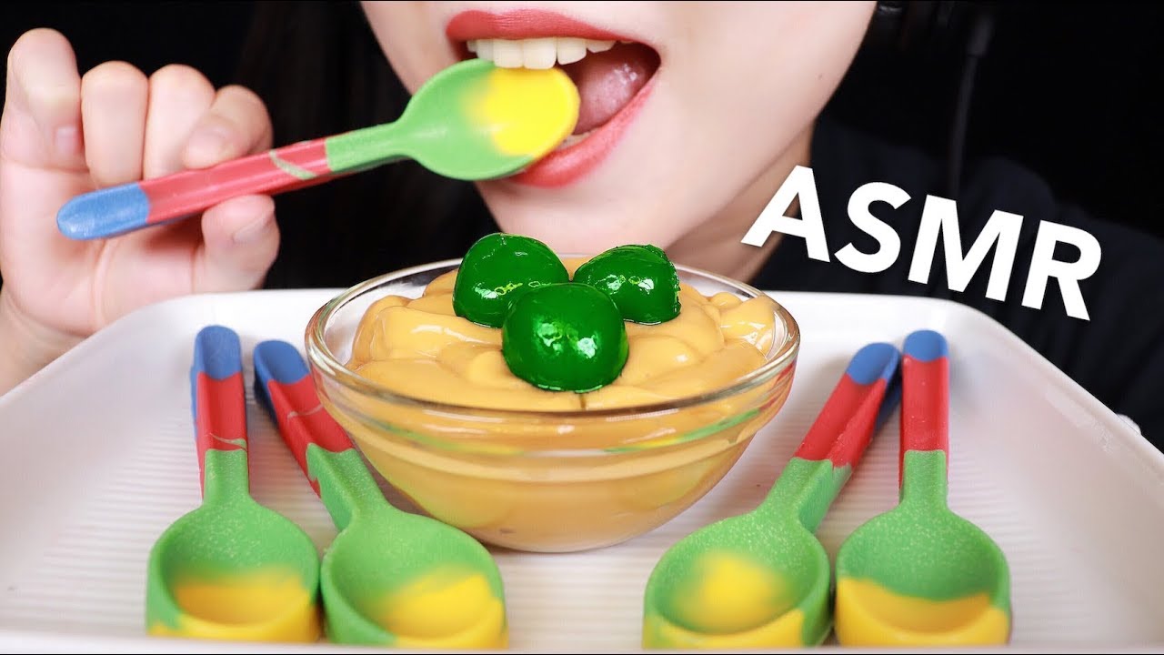 ASMR Eating Artsy-fartsy Chocolate Spoons + Butterscotch Pudding | Asmr food | 食べられるスプーン | 숟가락 리얼사운드