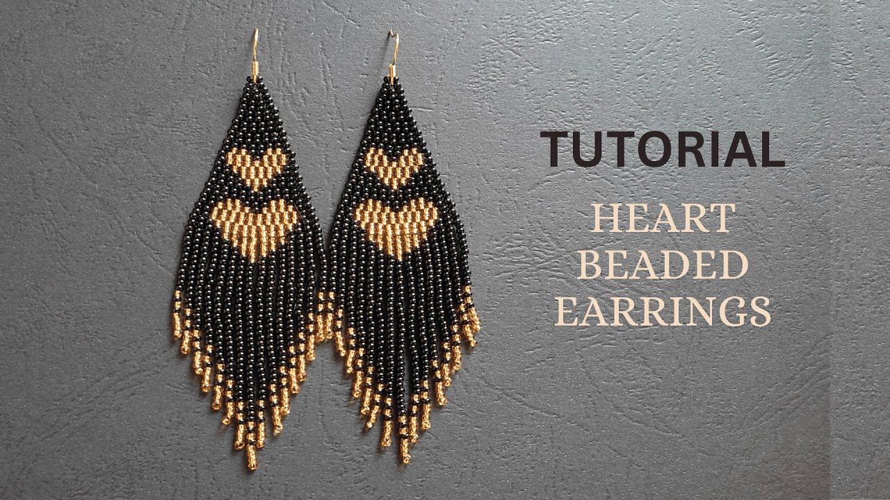 Beaded Heart Earrings Tutorial, Seed Bead earrings with fringes, Beading tutorials