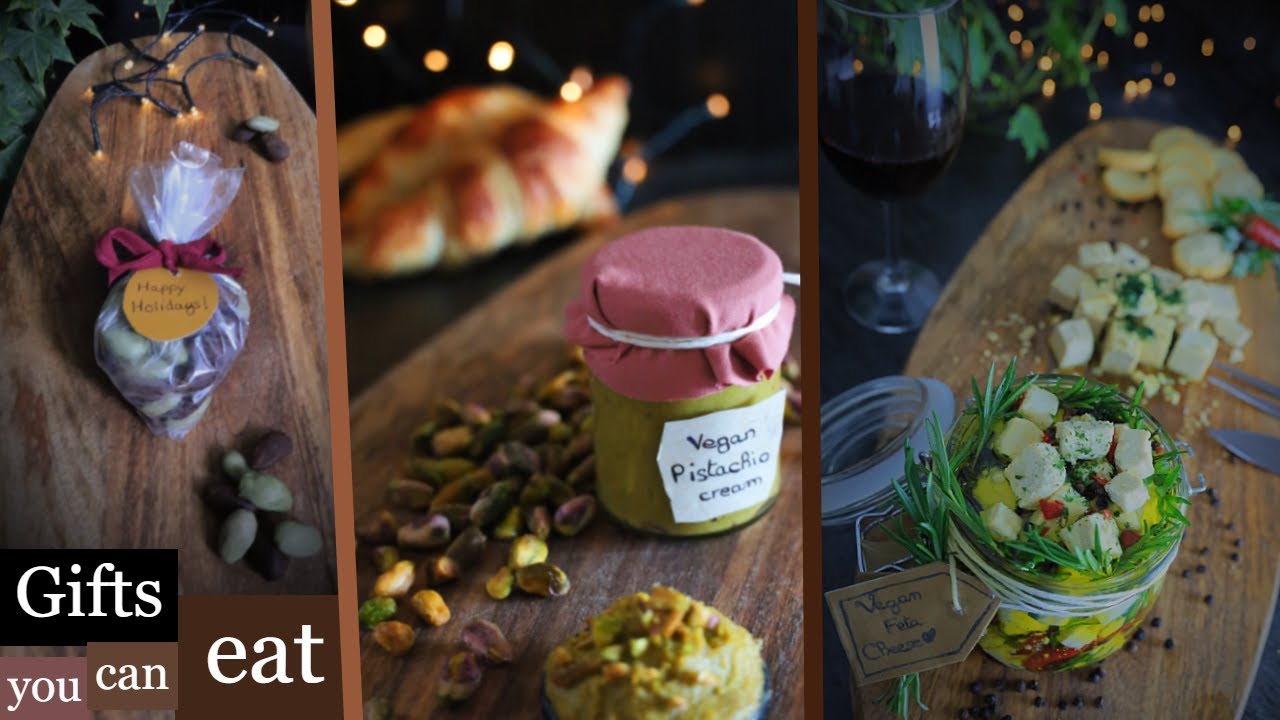 3 easy eatable DIY GIFTS - Chocolates - Pistachio cream - Marinaded vegan feta + recipes with them