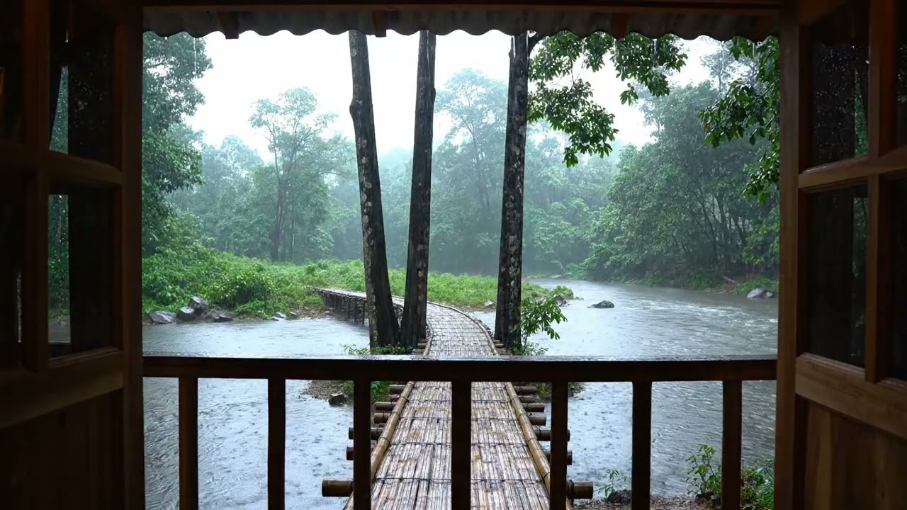 Peaceful Rainy Riverside Cabin Ambience with Gentle Forest Rain for Deep Sleep and Relaxation